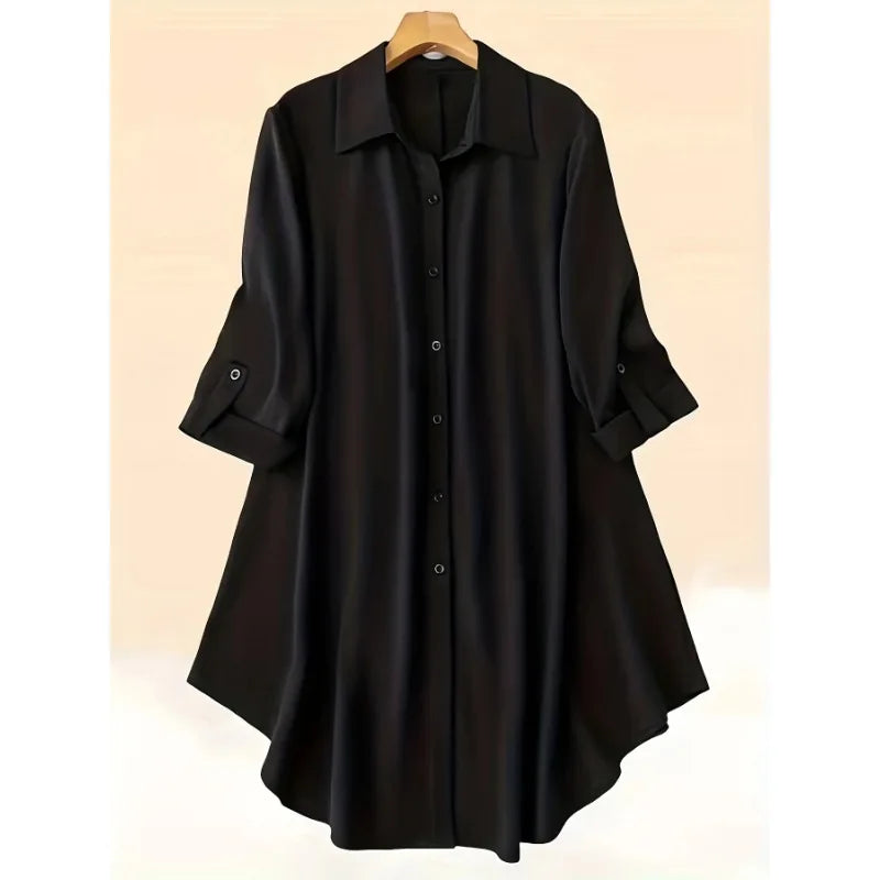 Plus Size Women Casual Long Sleeve Solid Color Long Shirts
