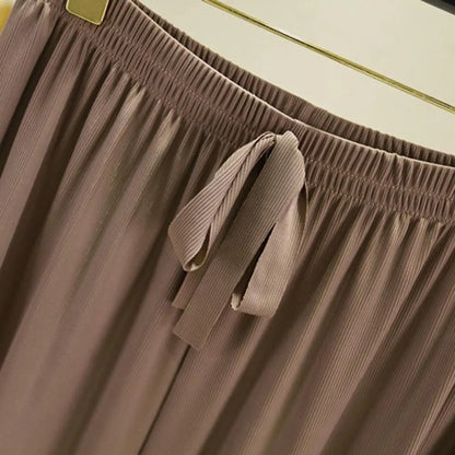 2 Pcs/Set Women T-shirt Pants Set Pleated Wide Leg V Neck Short Sleeves Loose Home wear Pullover Thin Summer Top Trousers Set