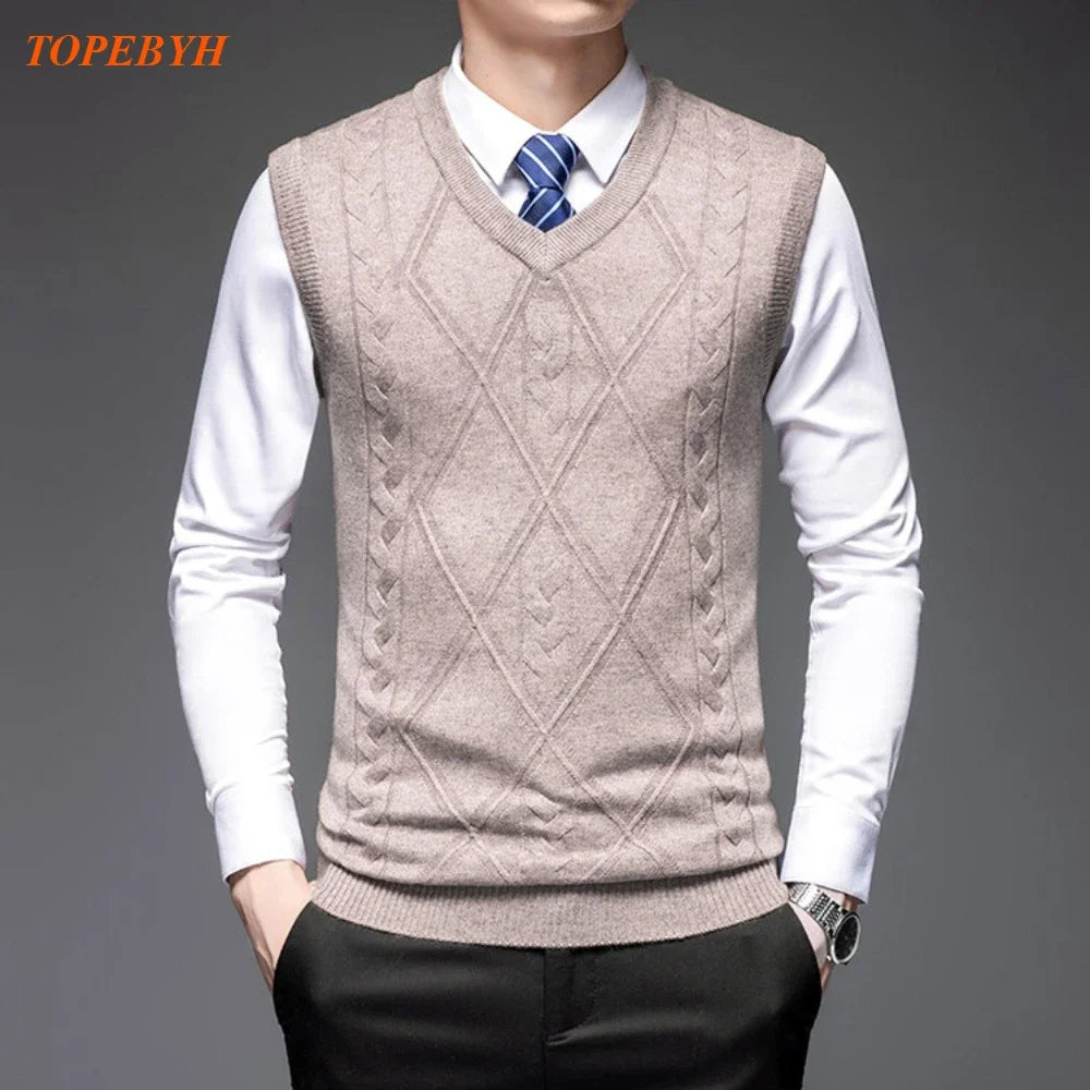 2026 New Trend Men's Business Casual Pullover Wear Warm Sleeveless Wool Knitted Sweater Vest Tops