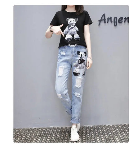 Cartoon Print Short Sleeve T-shirt Perforated Jeans Two Piece Elegant Women's Pants Set Summer Outfit Leisure Sports Suit