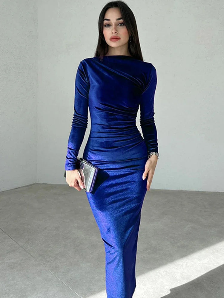 BWQ 2026 Spring Summer Velvet Long Sleeve Midi Dress For Women Ruched Long Dress Elegant Party Clothes Evening Green Outfits