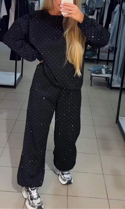 Women's Pants Suit Autumn New O-neck Hot Diamond Long-sleeved T-shirt Drawstring Sweatpants Fashionable Ladies 2-piece Sets