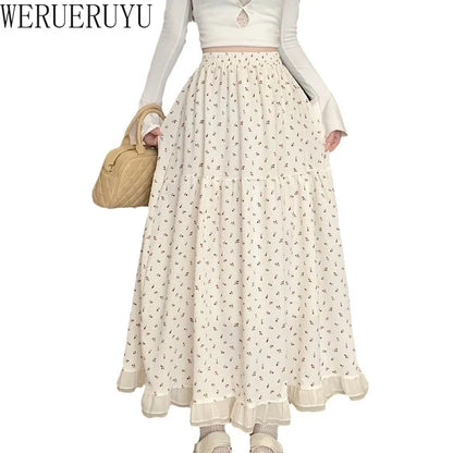 Summer White Floral Long Skirt Women's Y2k Clothes Fashion Elastic High Waist Casual Elegant Spliced Gauze Skirts for Women 2026