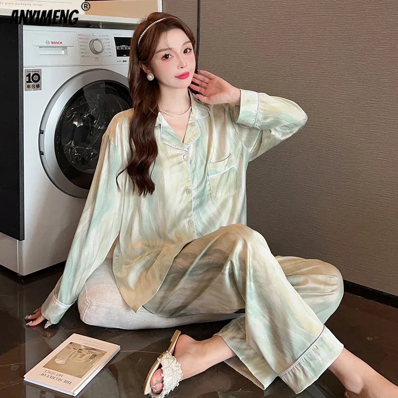 Women Casual Luxury Pajamas Thin Pajamas Female Sleepwear New Elegant Ladies Faux Silk Polyester Dots Pajama Sets Sexy Home wear