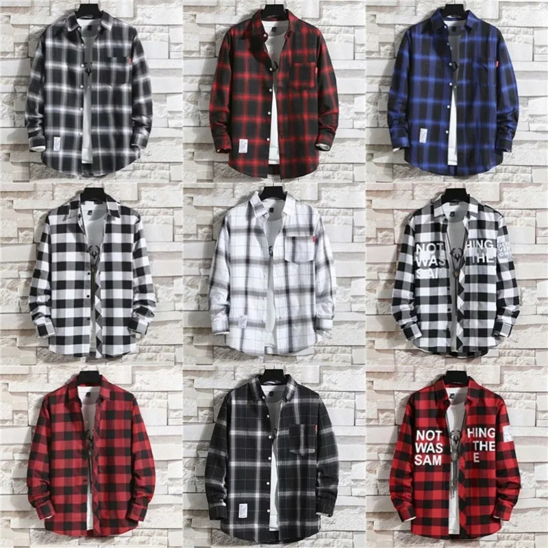Spring New Korean Style Plaid Shirts Men's Handsome Long-sleeved Loose Casual All-matching Shirt Coats 2026 Trend Men's Clothing