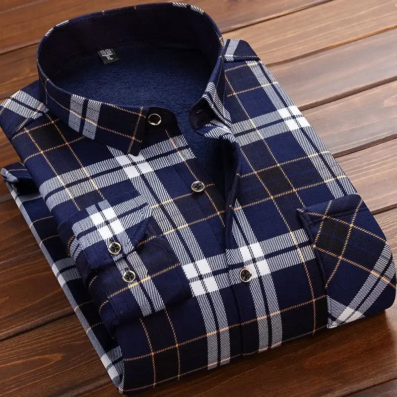 2025 Men's Autumn Winter Casual Fleece Plaid Shirt Fashion Soft Warm Turn Down Collar Long Sleeve Shirt Male High-Quality Tops