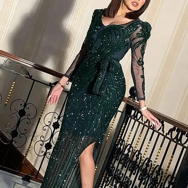 2025 New Fashion V-neck Sparkling Hot Printed Green Long Sleeve Evening Dress Evening Dress for Women  party wedding Vestidos