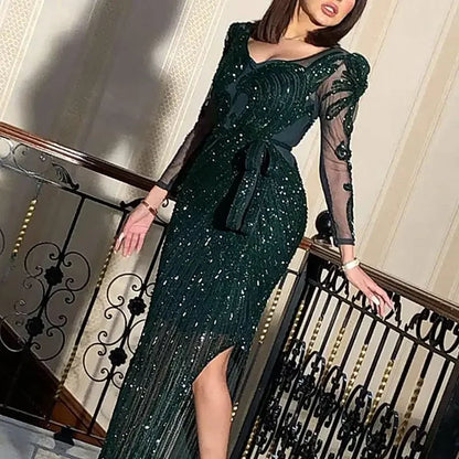 2025 New Fashion V-neck Sparkling Hot Printed Green Long Sleeve Evening Dress Evening Dress for Women  party wedding Vestidos
