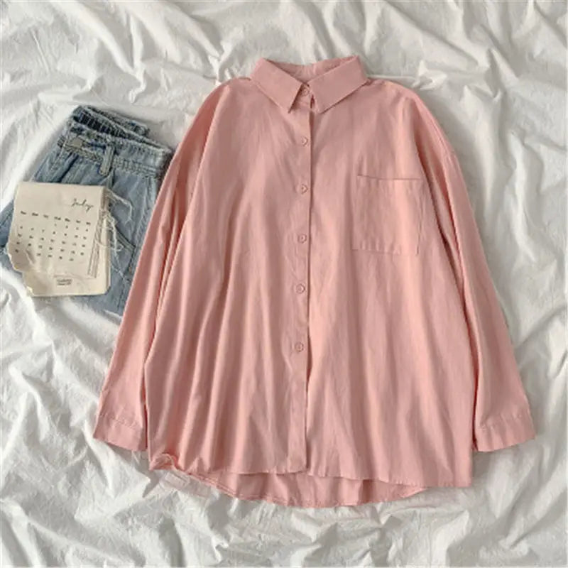 Solid White Shirt Women Casual Turn Down Collar Long Sleeve Pocket Women's Tops And Blouses Spring Office Lady Plus Size Shirts