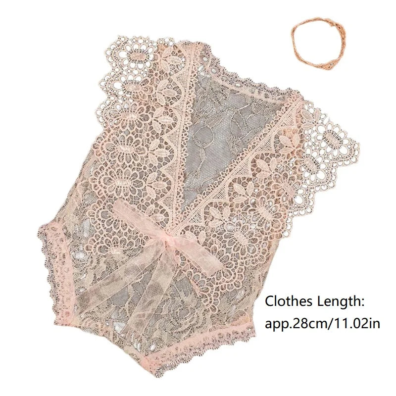 2 Pcs 0-1 Month Newborn Photography Props Baby Headband Lace Romper Bodysuits Outfit Girl Costume Photo Clothing