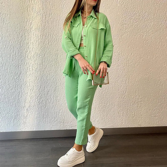 Summer outfits for women 2026 New Loose Button Long Sleeve Shirt and Cropped Pants Casual Sports Summer women's suit Pants Set