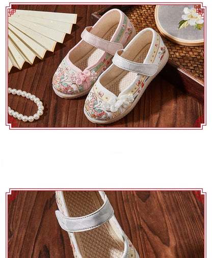 Kids Hanfu Shoes Sweet Embroidery Flower Girl Princess Shoes Fashion Chinese Ancient Style Children's Causal Flat Cloth Shoes