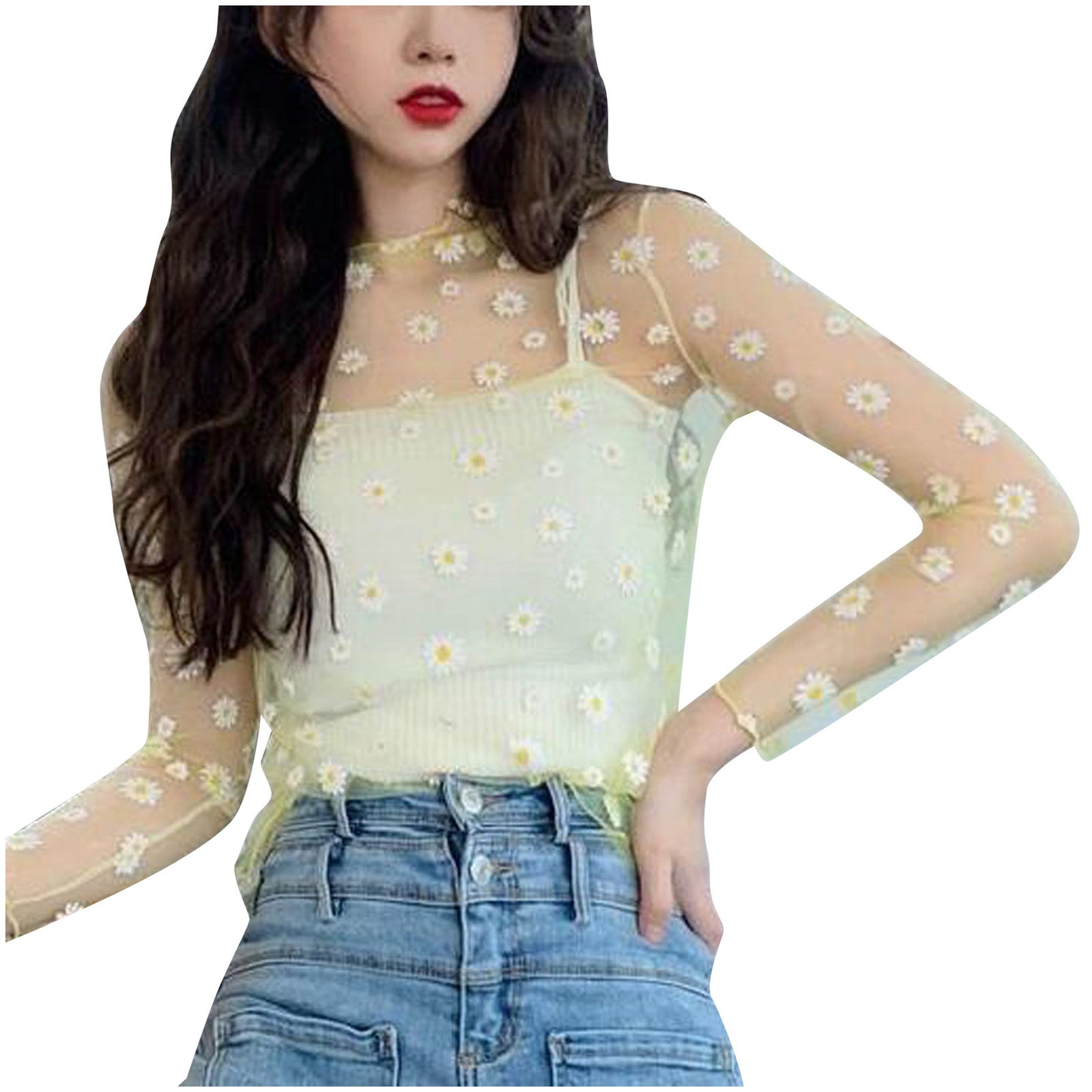 Women Daisy Print Lace Sheer Tops Sexy Tees Long Sleeve Thin Mesh Shirts Fashion Ladies Top 2026 Summer Sunscreen Blouse
