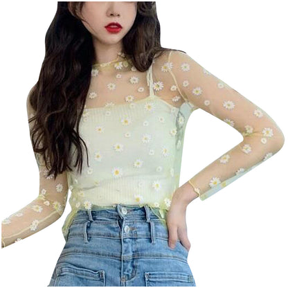 Women Daisy Print Lace Sheer Tops Sexy Tees Long Sleeve Thin Mesh Shirts Fashion Ladies Top 2026 Summer Sunscreen Blouse