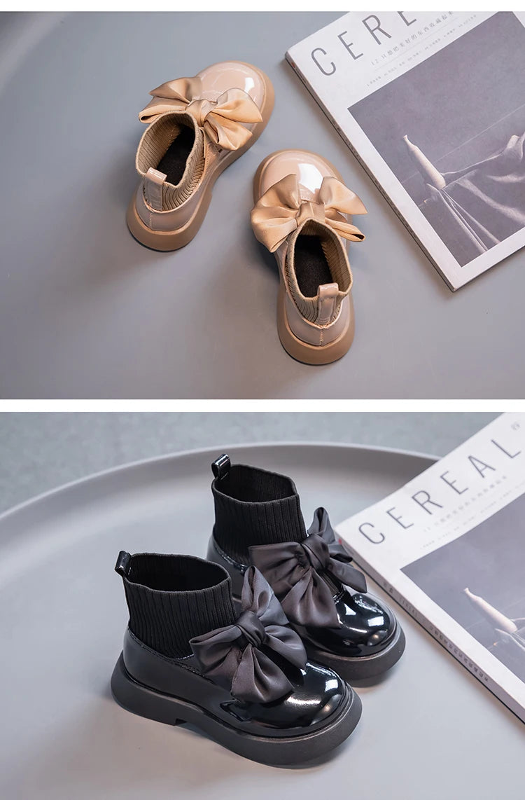 Children's Boots Fashion PU Solid Black Bow Girls Uniform 2025 Spring and Autumn New Kids Fashion Flying Knit School Socks Shoes