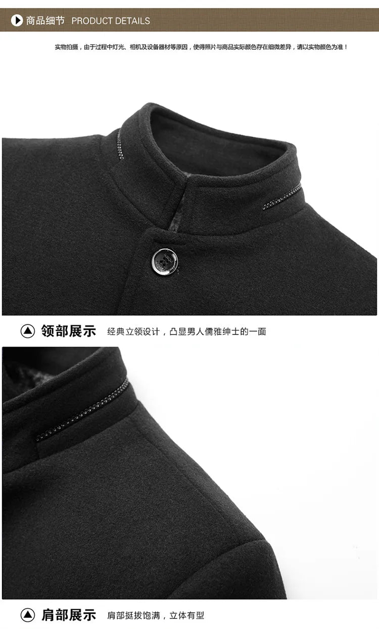 Men's Woolen Coat 2026 Autumn/Winter New Cotton Thickened Single Breasted Standing Collar Wool Blend Male Jacket