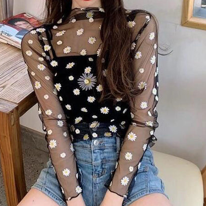 Women Daisy Print Lace Sheer Tops Sexy Tees Long Sleeve Thin Mesh Shirts Fashion Ladies Top 2026 Summer Sunscreen Blouse
