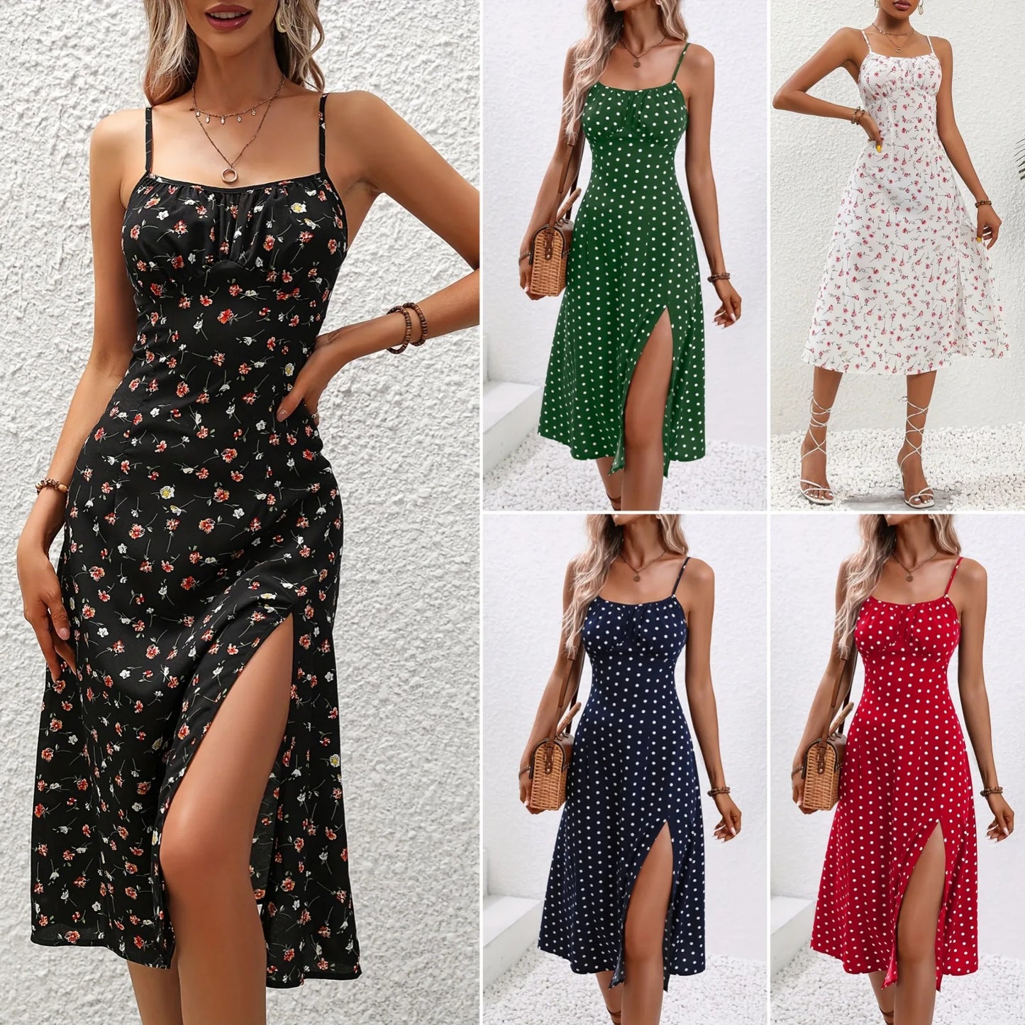 2026 Summer Sexy Spaghetti Straps Dress Women Fashion Polka Dot Print Sleeveless Slit Dress Boho Casual Beach Midi Dresses