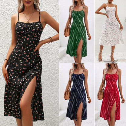 2026 Summer Sexy Spaghetti Straps Dress Women Fashion Polka Dot Print Sleeveless Slit Dress Boho Casual Beach Midi Dresses
