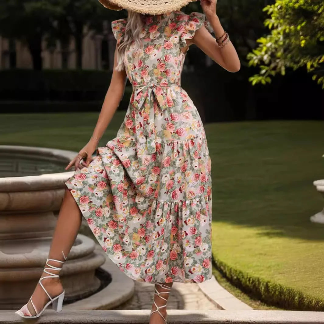 Elegant Floral Prints Dresses For Summer Women Dress 2026 New O-neck Short Flying Sleeves Lace Up High Waisted Midi Dress Woman