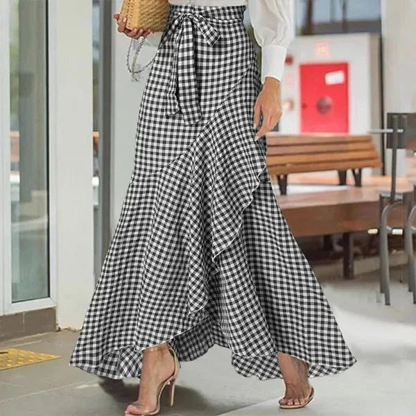 Spring Autumn Women Long Skirt High Waist Lace-up Ruffle Trim Plaid Print Bow Tie Irregular Hem Maxi Skirt Female 2026 New