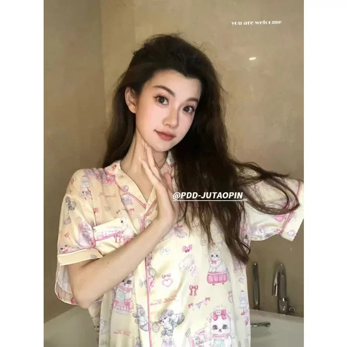 Plus Size Ins Cartoon Pajamas Set Korean Student Summer Internet Celebrity Girl Short Sleeve Shorts Thin Loose Home wear