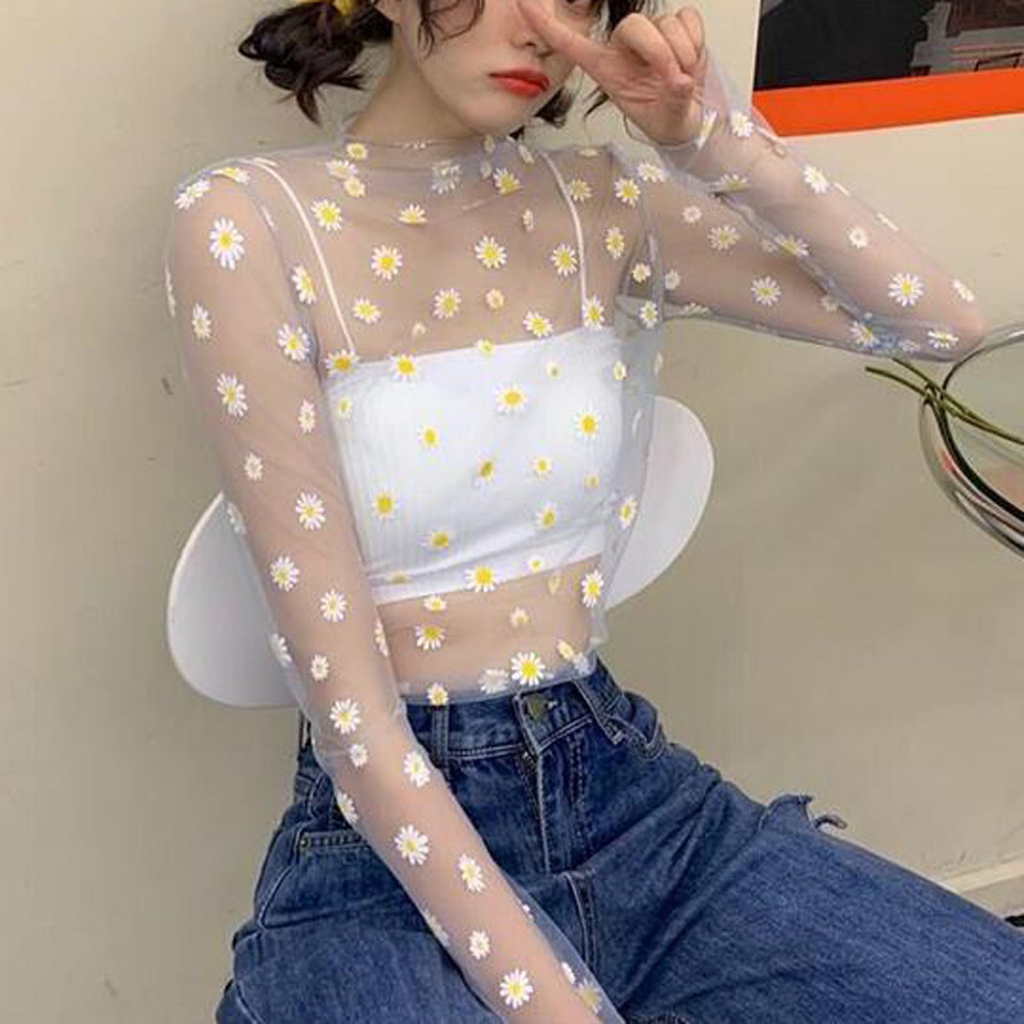 Women Daisy Flower Print Mesh Tops Long Sleeve Sheer Transparent Fishnet T Shirt Fashion Summer Sunscreen Tee 2026