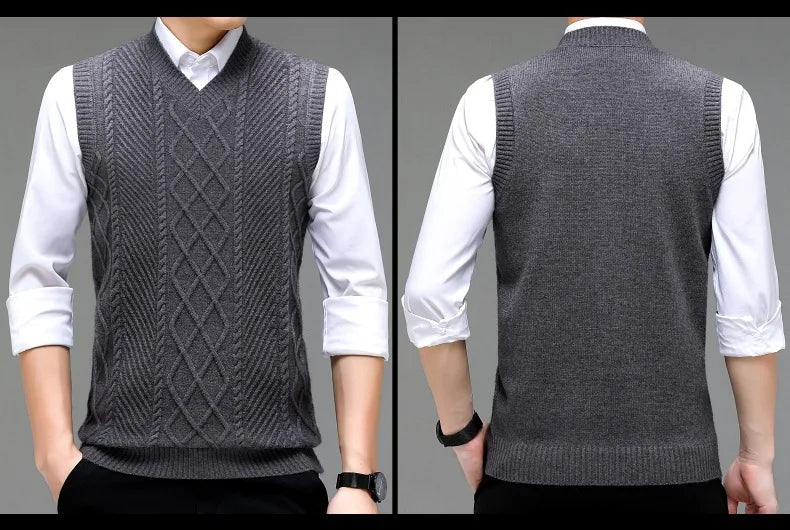 Stylish V-neck Jacquard Knit Sleeveless Sweater Vest for Men Middle-aged Men Fashion Solid Color Warm Top