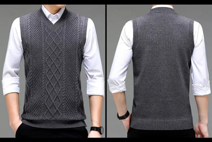 Stylish V-neck Jacquard Knit Sleeveless Sweater Vest for Men Middle-aged Men Fashion Solid Color Warm Top