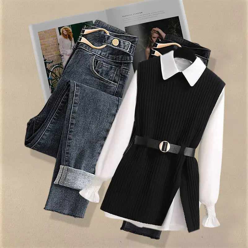 2026 Autumn Increased Size Korean Popular Chiffon Shirt Knitted Sweater Jeans Three Piece Elegant Women's Pants Set Tracksuit
