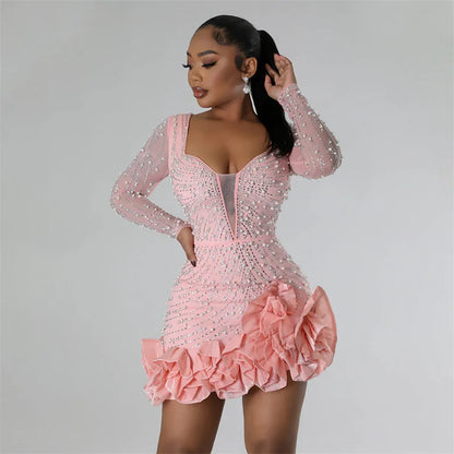 2025 New Women Mesh Sleeve Bodycon Sexy Diamonds Birthday Party Dress Tiered Ruffles Rhinestone Pearls Party Night Dress Pink