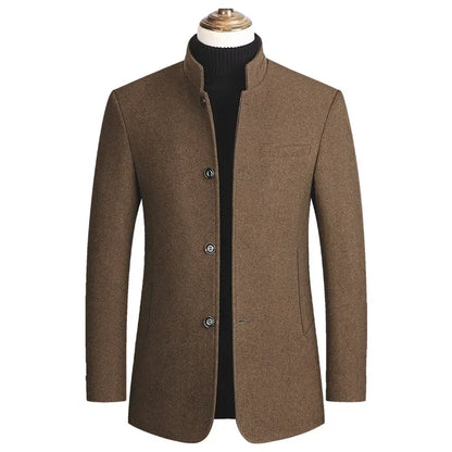 Men's Woolen Coat 2026 Autumn/Winter New Cotton Thickened Single Breasted Standing Collar Wool Blend Male Jacket