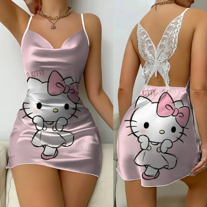 Mini Dress Pajama Skirt Hello Kitty Sexy Dresses Off Shoulder Bow Knot Satin Surface Women's Fashion Summer 2026 Short Party Lace