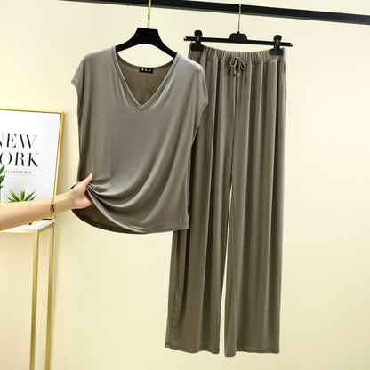 Modal Home wear 2pcs set V-Neck T-shirt sleeveless and Pants summer women's Loose sleepwear suits Solid color Casual Pajamas sets