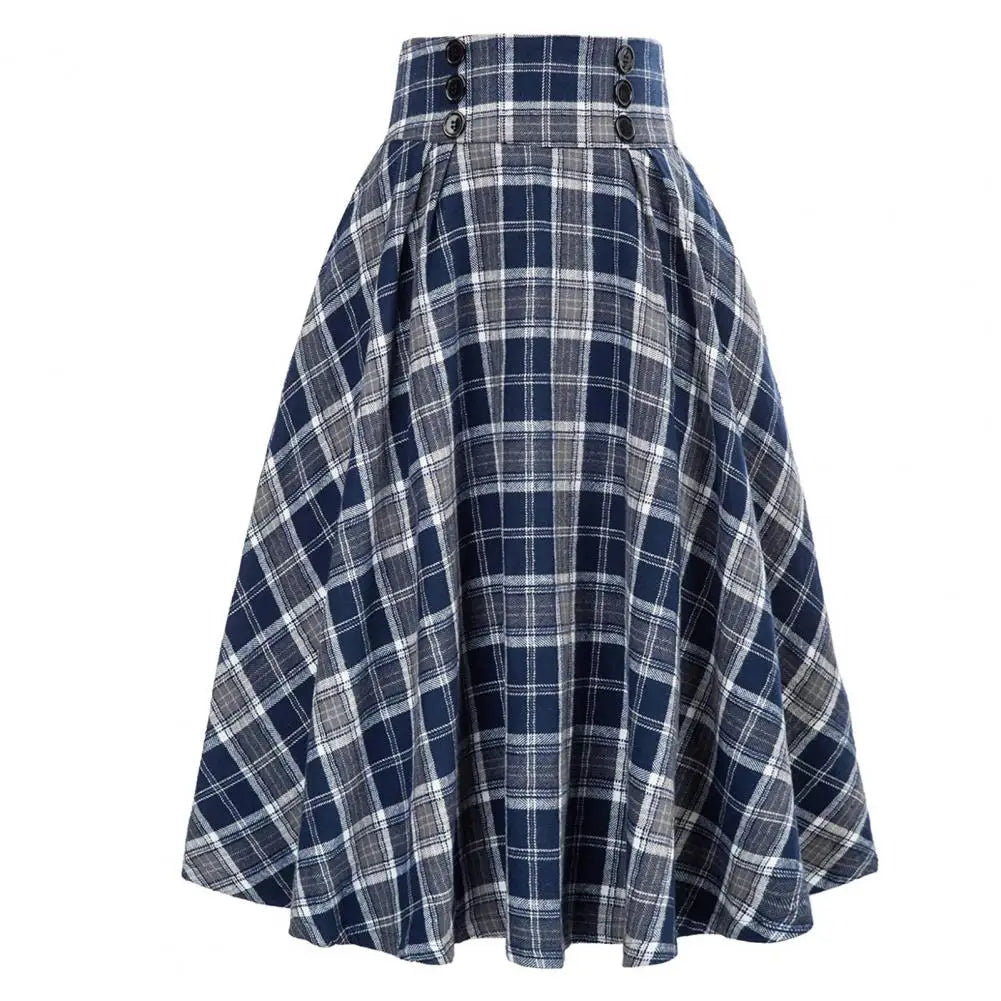 Loose Fit Skirt Elegant Retro Ruffle Maxi Skirt with Color block Plaid Print Soft Pockets for Women High Elastic Waist for Party