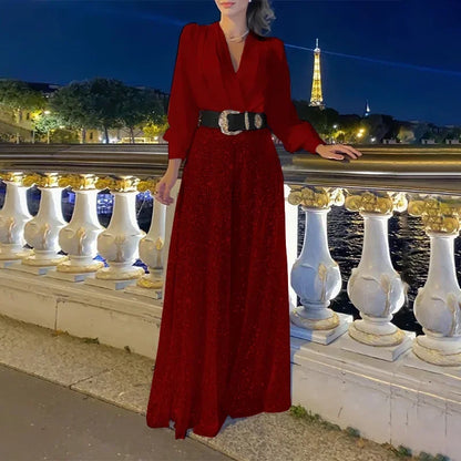 BWQ Splice Sequins Maxi Dresses For Women Fashion Folds Loose V Neck Elegant Dress Femme Party Evening Dresses Luxury 2026