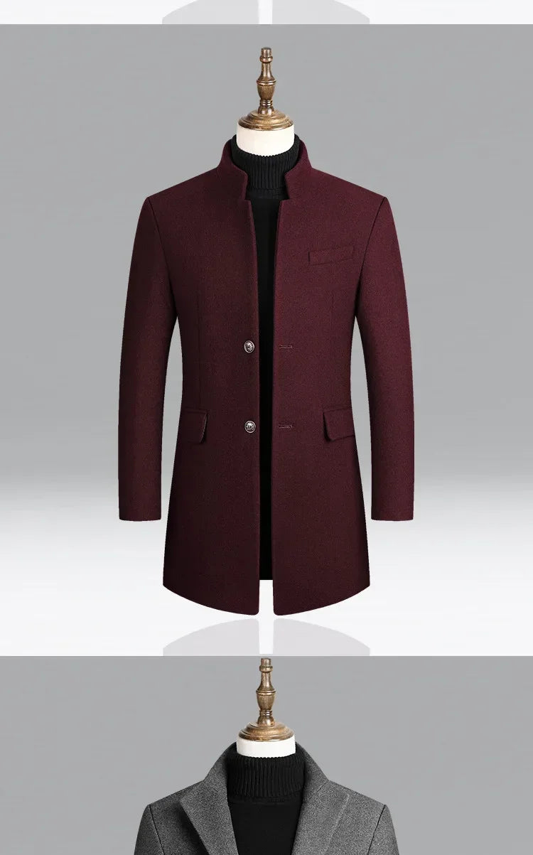 Men's Autumn Winter Long Woolen Coats Men's Business Office Casual Slim Solid Wool Windbreaker Thicken Warm Trench Jacket