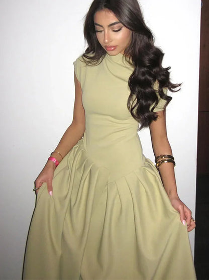 DSMTRC 2025 New Casual Office Lady Vestidos Streetwear Elegant Green Diagonal Collar Pleated Short Sleeve Patchwork Chic Dress