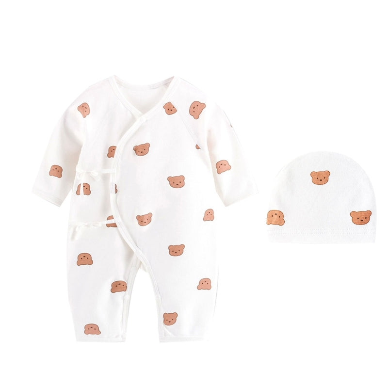 Breathable Newborn Bear Jumpsuit Hospital Hat Spring Outfit Long Sleeves Bodysuits for Baby Girls Boys Unisex Coveralls A2UB