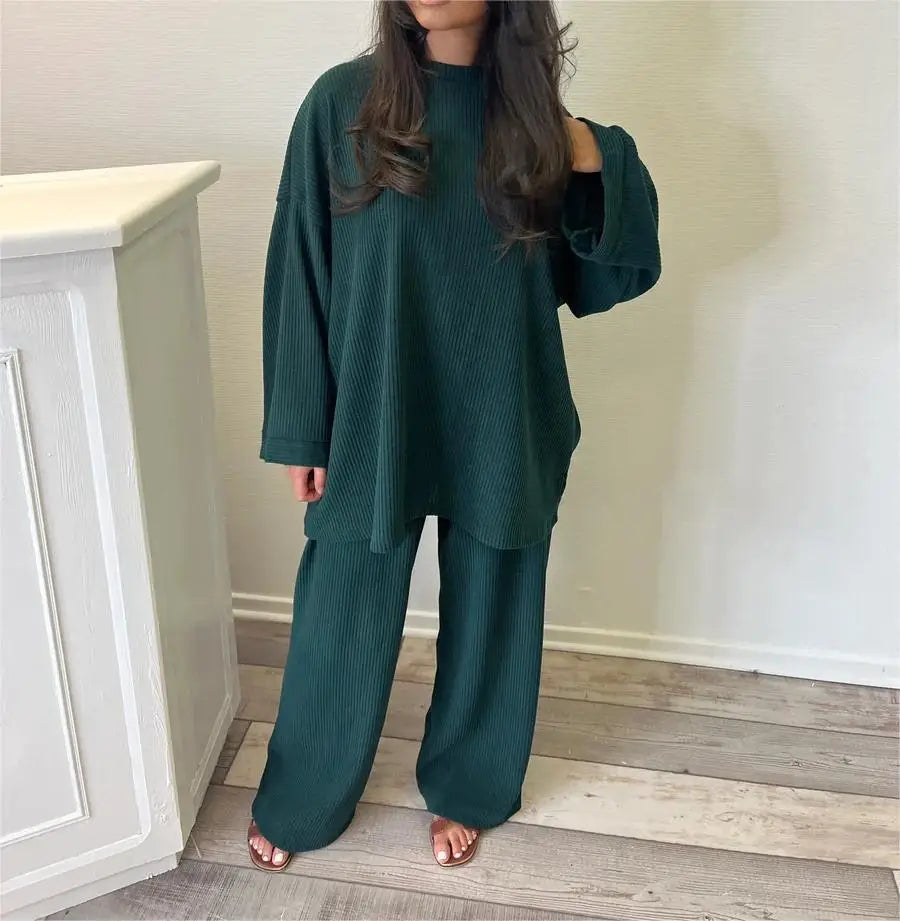 Spring Autumn Solid Color Corduroy Pants Sets Women Loose Long Sleeve Wide Legs Trousers Two Piece Set Female Commuting Clothing