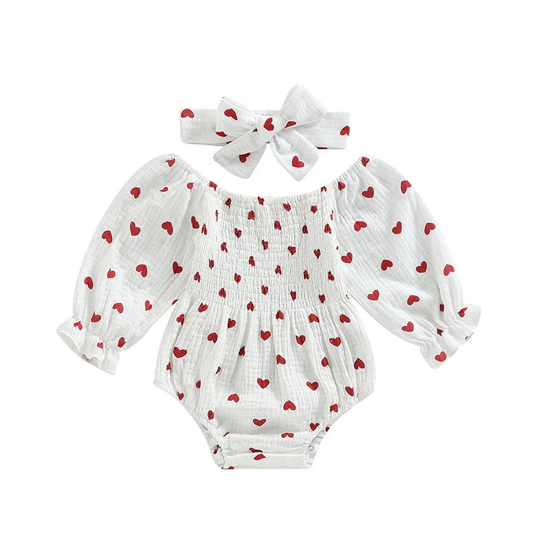 Tregren Infant Baby Girls Valentine's Day Romper Heart Print Long Sleeve Boat Neck Jumpsuits Spring Fall Bodysuits with Headband
