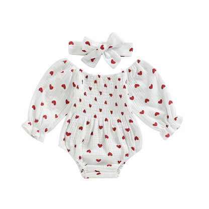 Tregren Infant Baby Girls Valentine's Day Romper Heart Print Long Sleeve Boat Neck Jumpsuits Spring Fall Bodysuits with Headband