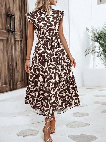 Elegant Women's Flower Midi Dress New Summer Fashion Stand Collar Flying Sleeve Lace Up Dress Casual Beach Holiday Dresses Robe