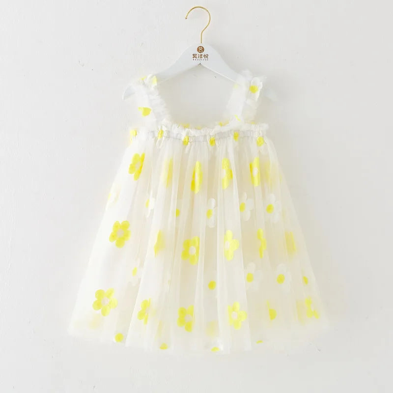 2025 New Baby Girl Clothes Multi Coloured Embroidered Floral Mesh Camisole Cute Baby Girl Dress Party Princess Fluffy Dresses