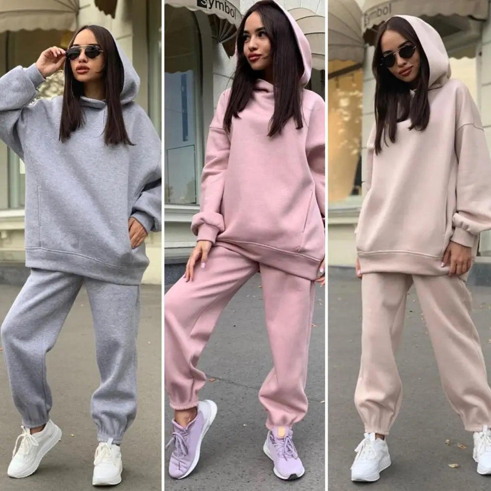 2 Pcs/Set Chic Two Pieces Set Winter Hoodie Pants Set Solid Color Casual Deep Crotch Autumn Tracksuit Keep Warm