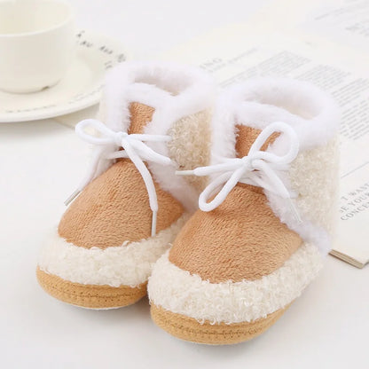 Korean Style Patchwork Plush Baby Shoes - Soft Sole, Cotton Padded, Lace-up Snow Boots for Adorable Boys and Girls 0-18M