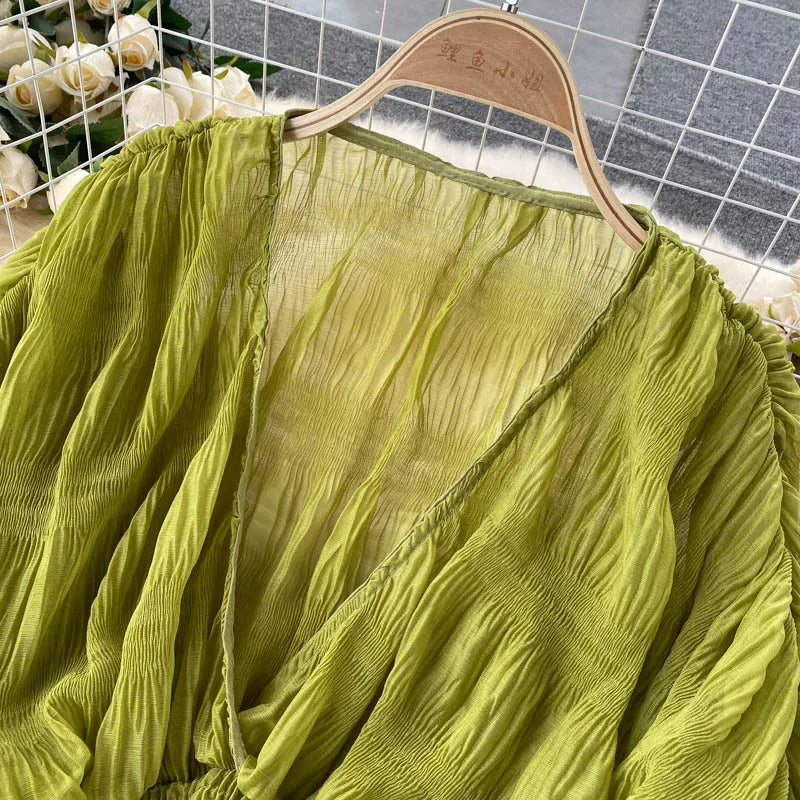 Women Sexy Chiffon Short Blouse Female See Through Super Long Sleeve Purple/Green/Black/White Folds Party Tops 2026 New