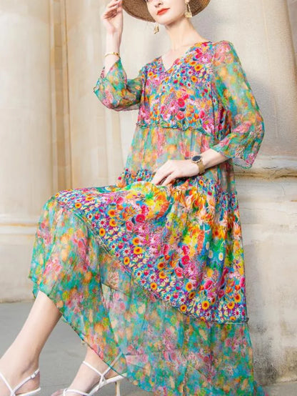 High Quality Summer 2025 Beach Boho Vintage Print Chiffon V Neck Dress Elegant Party Robe Designer Vespids Loose Midi Dress