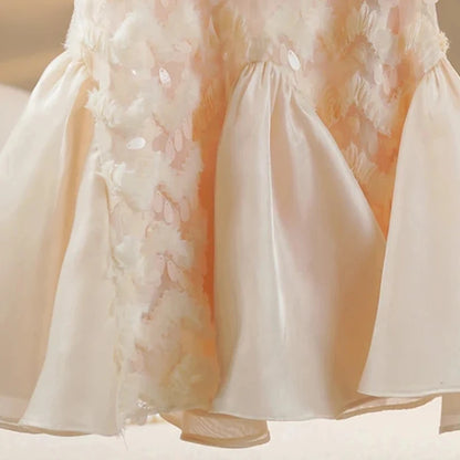 2025 Girls New High-end Dress Costumes Formal Clothes Beige Summer Matching Clothes White Short Sleeves Princess Party Wedding