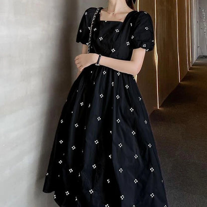 Elegant Women Midi Dress Korean Style Floral Print Square Collar Casual Black Dresses